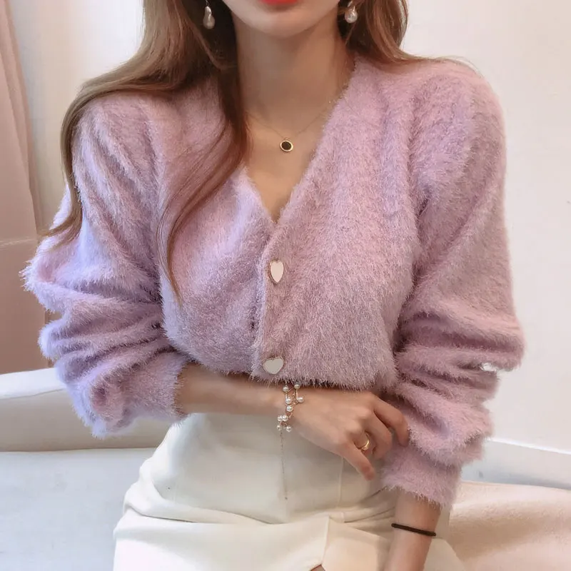 Purple V Neck Heart Button Sweater For Women Korean Style Long Sleeve Cardigans Coat Soft Female Short Knitshirts Outerwear