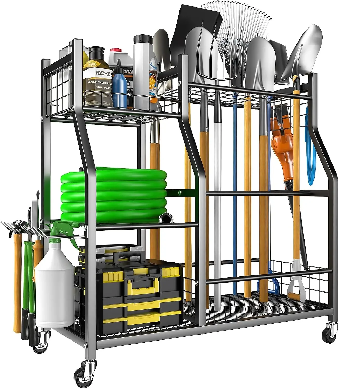 Garden Tool Organizer Stand, Garage Tool Storage Organization, Yard Tool Racks with lockable wheels, Fit for Long-Handled