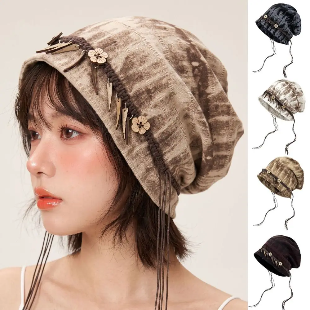Casual Retro Ethnic Stye Beanie Tassel Wood Decoration Slouchy Skull Cap Patterned Versatile Windproof Head Wrap Students