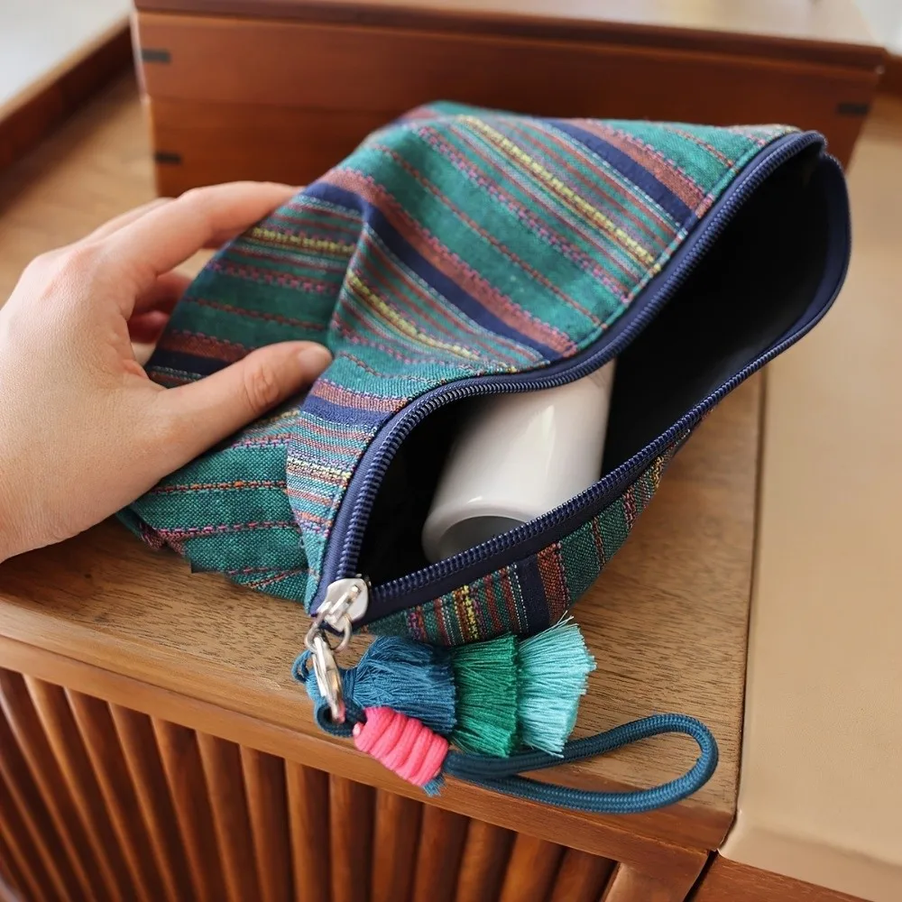 Colorful Ethnic-Style Makeup Pouch Fringe Pendant With Zipper Travel Storage Bag Striped Large Capacity Toiletry Clutch Bag