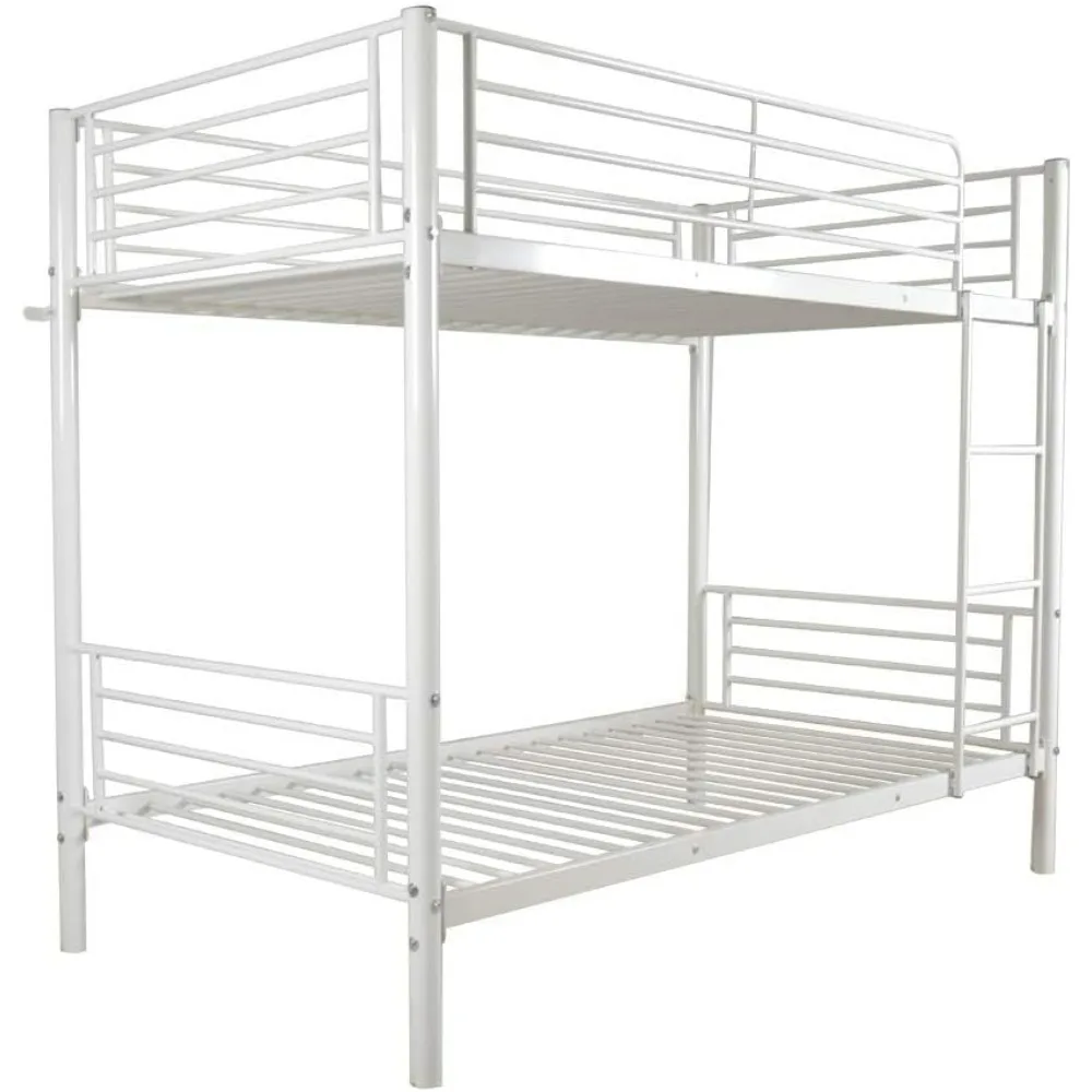 White Bunk Bed Twin Over Twin, Metal Bunk Bed with Built-in Ladder and Safety Guardrail, Space-Saving Twin Bunk Beds for Kids