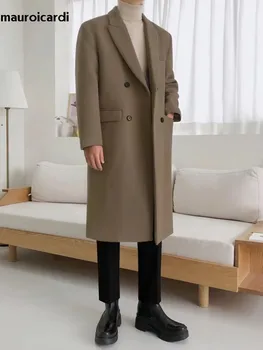 Men's Camel Wool Blend Coat 2 Mauroicardi Autumn Winter Long Warm Camel Black Woolen Coat Men Double Breasted Korean Style Wool Blends Overcoat with Back Slit 2
