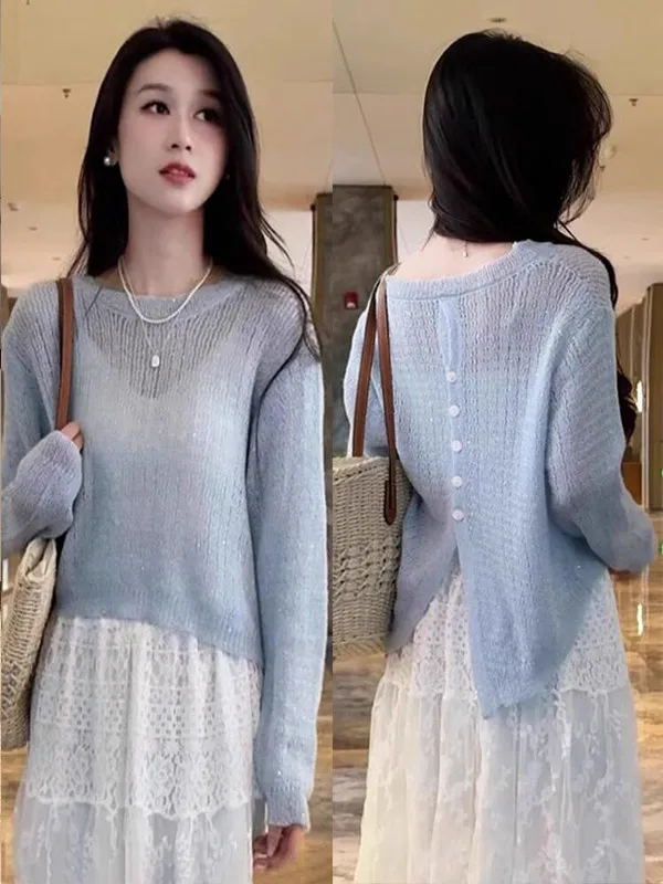 

Light Blue Back Button Asymmetrical Knitted Top Women's Loose Outerwear Spring Summer New Design Casual Style Long Sleeve