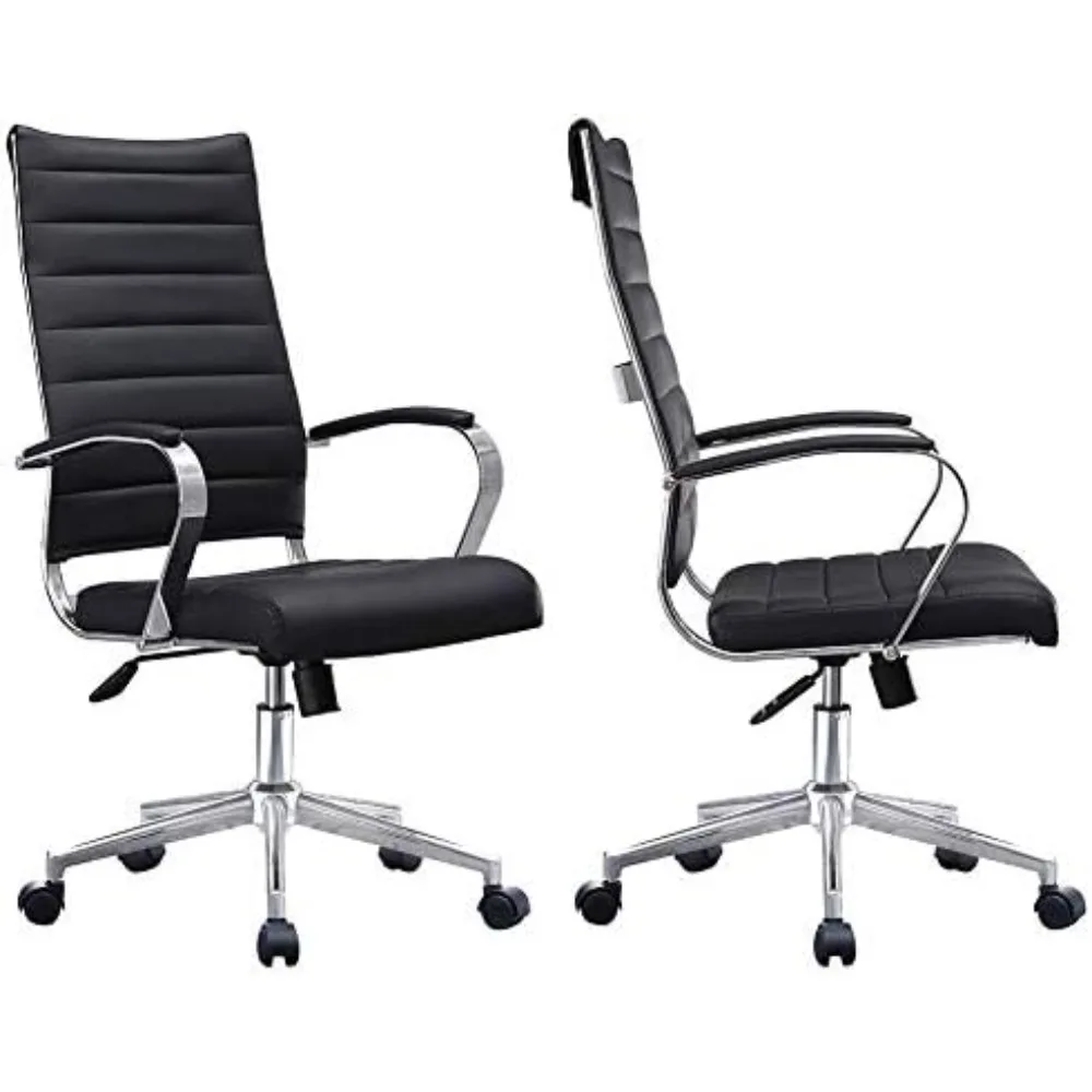 Set of 2 Black Modern High Back Tall Ribbed PU Leather Office Chair Swivel Tilt Adjustable Chair Designer Executive