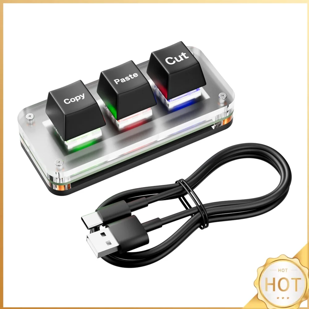 Teclado RGB Mini com funções de corte, cópia e colagem, teclado de jogos com 3 teclas, teclado programável USB Tipo-C para contabilidade, trabalho ou 