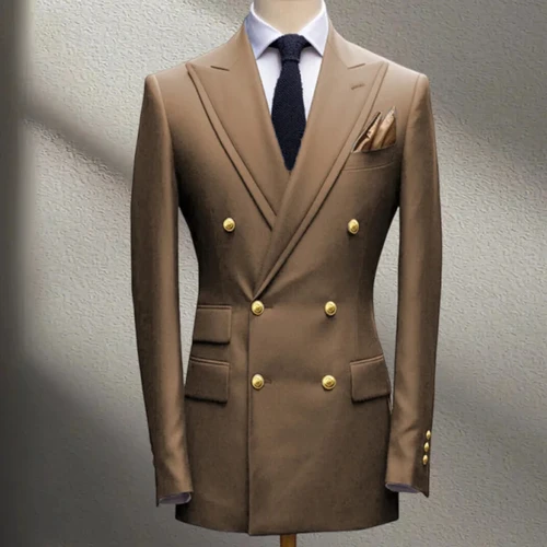 Imagen 2 del producto Blazers azul marino, traje para hombre, chaqueta ajustada de Color sólido, moda de doble fila, hebilla de Metal, abrigo superior para hombre para negocios, banquete y boda