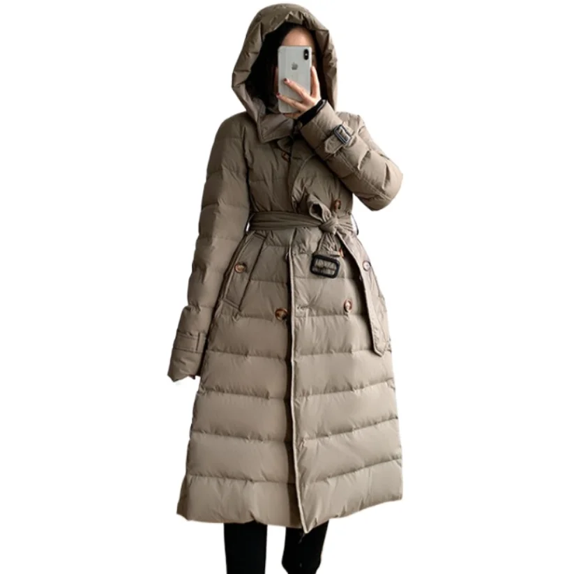 Lapel Long Women Winter Jackets 2024 Double Breasted Hooded with Belt Down Coat Button Removable Cap Cuffs Belted Overcoat Warm