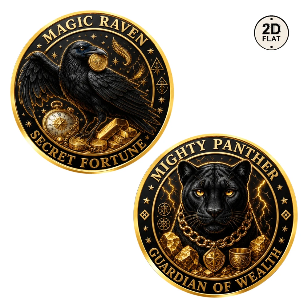 1pc 2D UV Print Magic Raven Secret Fortune Commemorative Coin Mighty Panther Guardian of Wealth Challenge Coin Gift Good Fortune