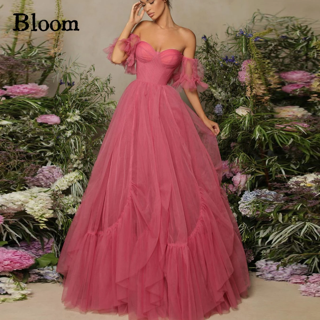 

Bloom Tulle Off Shoulder Prom Dresses Sweetheart Neckline Ball Gown Floor Length Backless Evening Dresses Formal Party Gown