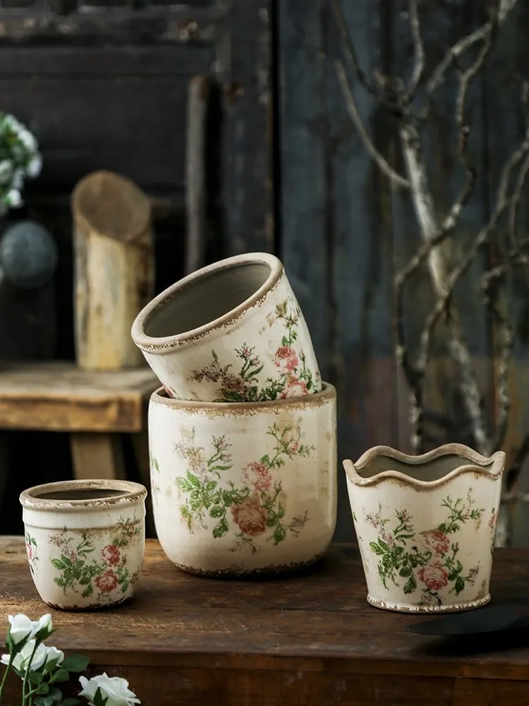 French Vintage Distressed Pink Rose Ceramic Flower Pot Horticultural Flower Green Plant Succulent Hydroponic Utensil Furnishings