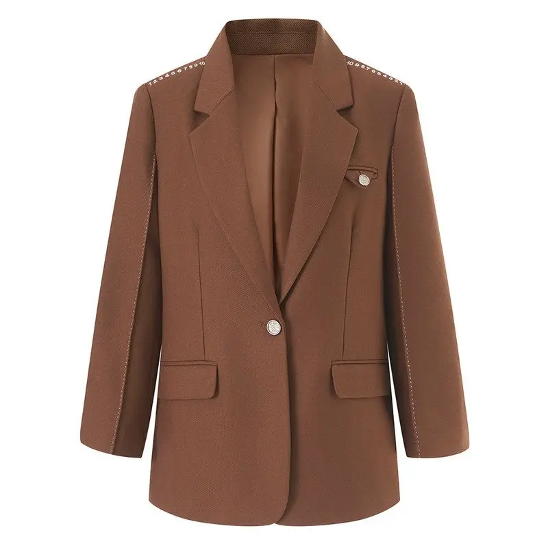 

Business Suit Women's Mid-Length Open-Front Jacket Fashion Casual Coffee Color Polyester Fabric Long Sleeve Formal Wear
