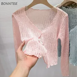 Fungus Cardigan Women Thin Sun-proof Hollow Out Knitted Ulzzang Summer Loose Fit Cozy Sweet Candy Colors All-match Daily Outwear