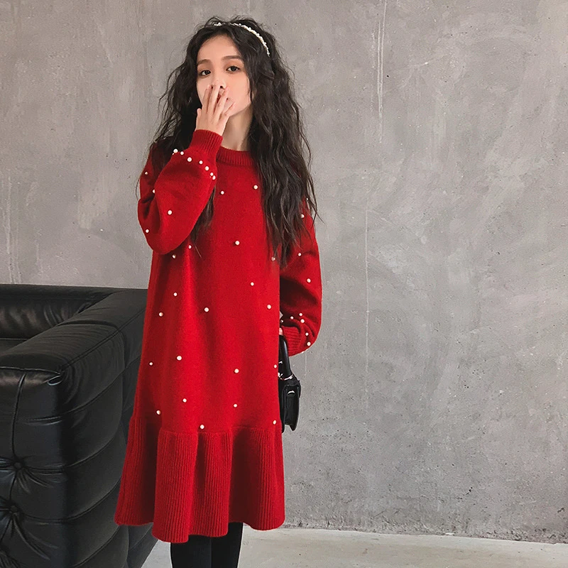 Girls Sweater Dress Autumn Winter Red New Year Christmas Knitted Princess Dresses for Kids Fashion Beaded Ruffles Evening Dress