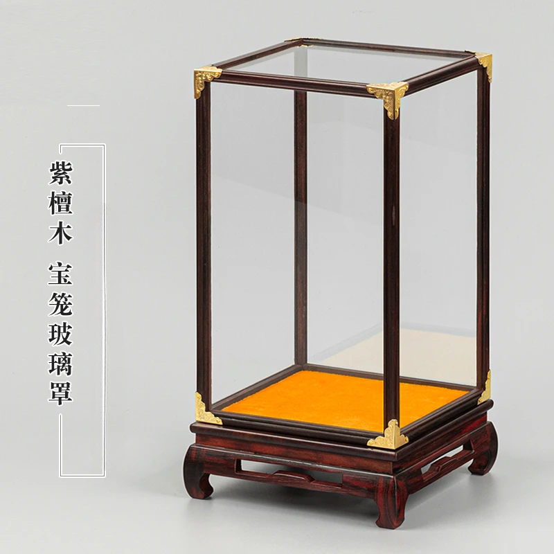mahogany rosewood Buddha statue vase antique Guanyin ornament jade dust cover transparent display box treasure cage glass cover