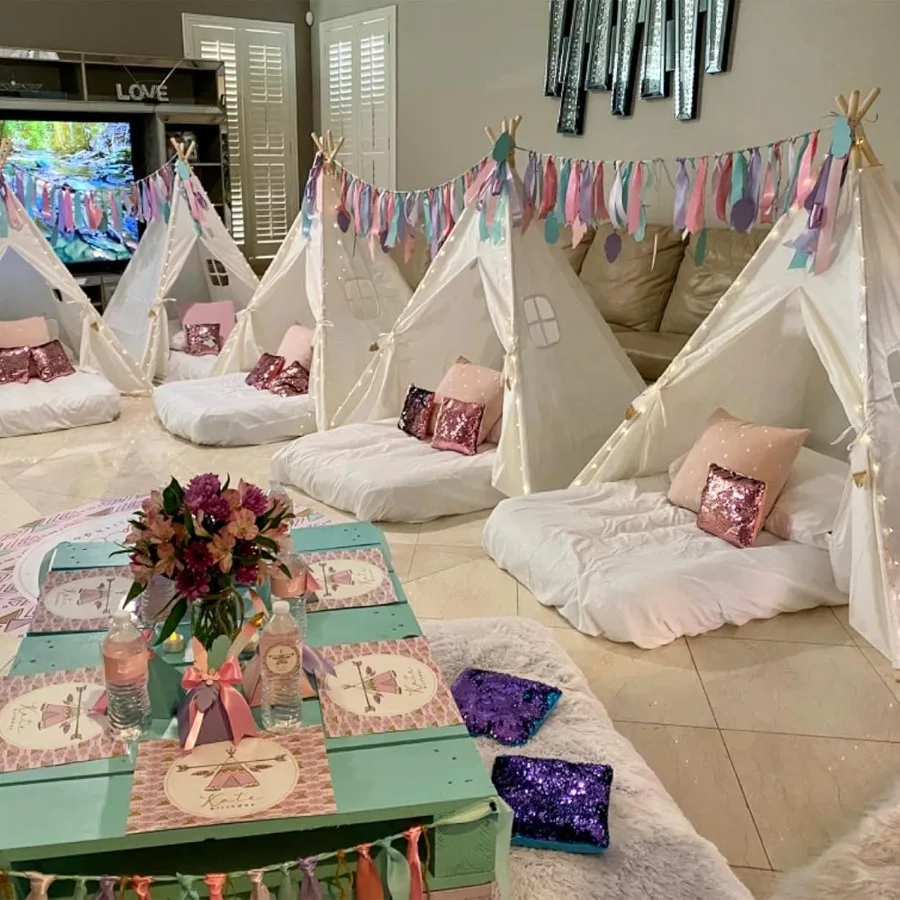 6-pack tipi tent voor kinderen slaapfeest - slaaptenten met opblaasbare luchtbedden, natuurlijk canvas speeltent binnen, wasbaar F