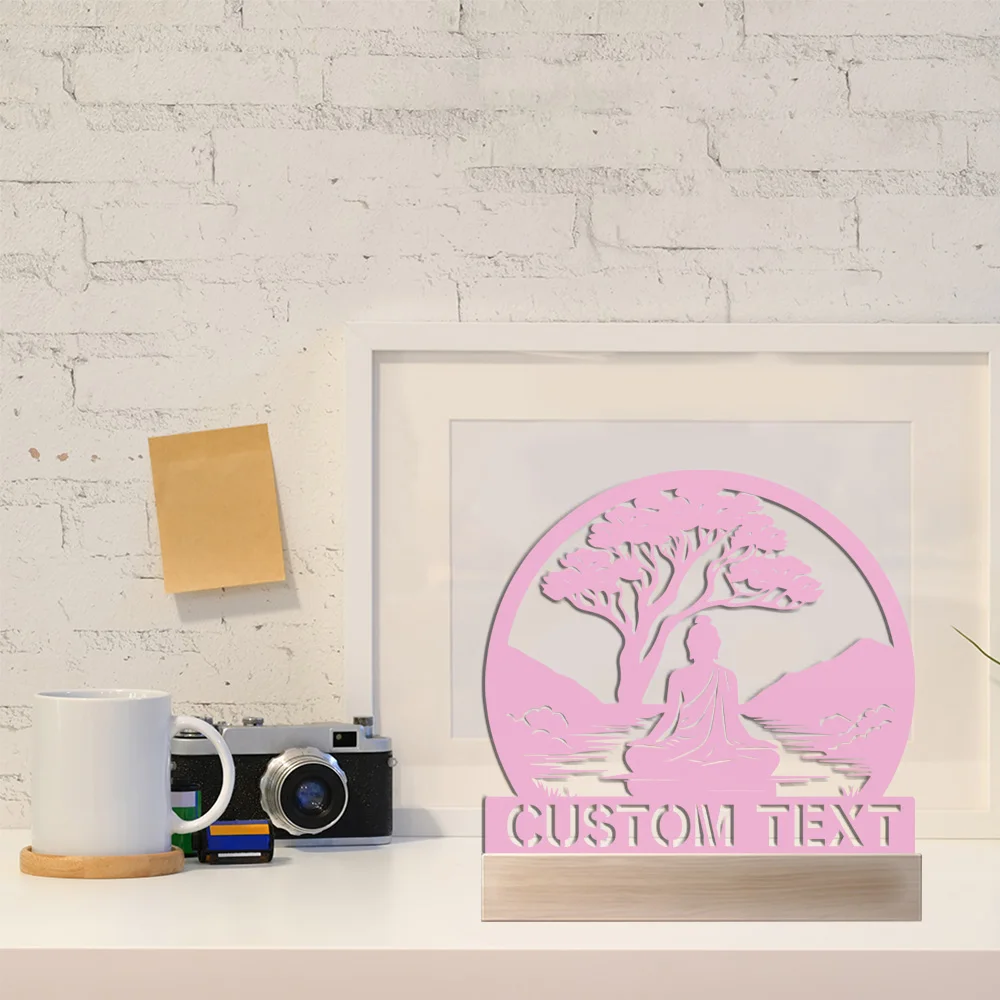 1pc Abstract Buddha, small rivers and big trees Customized Name Metal Statue With Wood Base Metal Ornament  Metal Sculpture