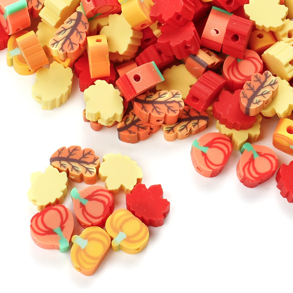 iYOE 50pcs 8-10mm Thanksgiving Soft Clay Pumpkin and Maple Leaf Bead for Jewelry Making Bracelet Necklace Earring Pendant