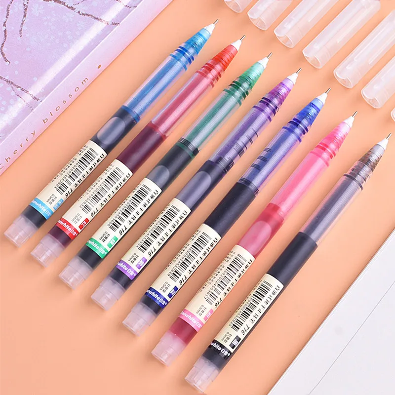 6/7 unids/set bolígrafo de 0,5mm tinta de Color negro/rojo/azul bolígrafo de Gel Rollerball líquido recto para la escuela papelería de oficina Kawaii