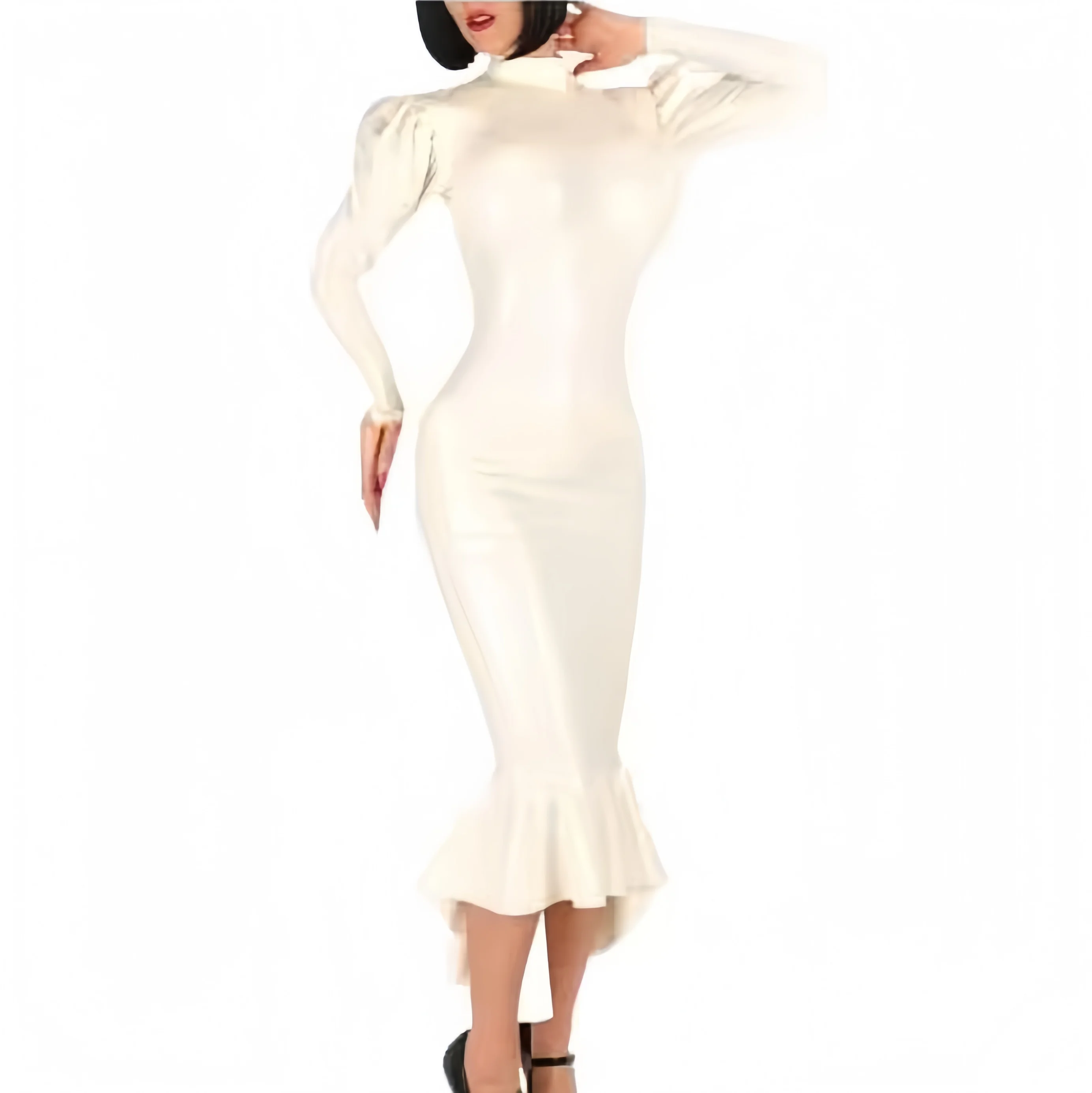 

White Sexy Latex Dress with Zippers At Back Puff Sleeves Rubber Gown Bodycon Playsuit