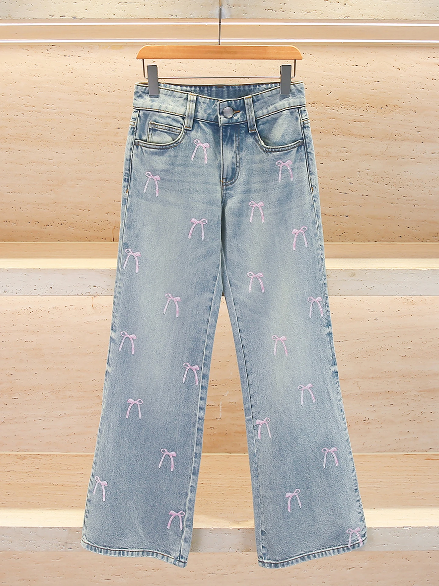 

Premium High Waist Wide Leg Denim Jeans Women's Spring Summer Washed Knot Diamond Embellished Casual Trousers