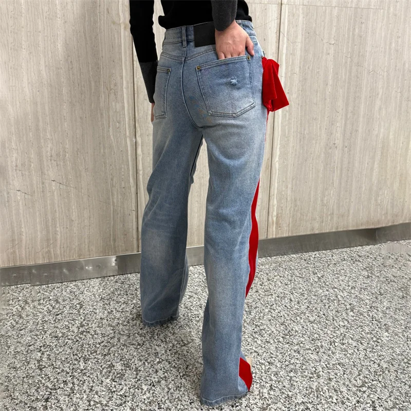 Women's jeans 2025 Spring New in high waisted slim fit women's pants Velvet spliced pencil pants Cotton blend straight leg pants