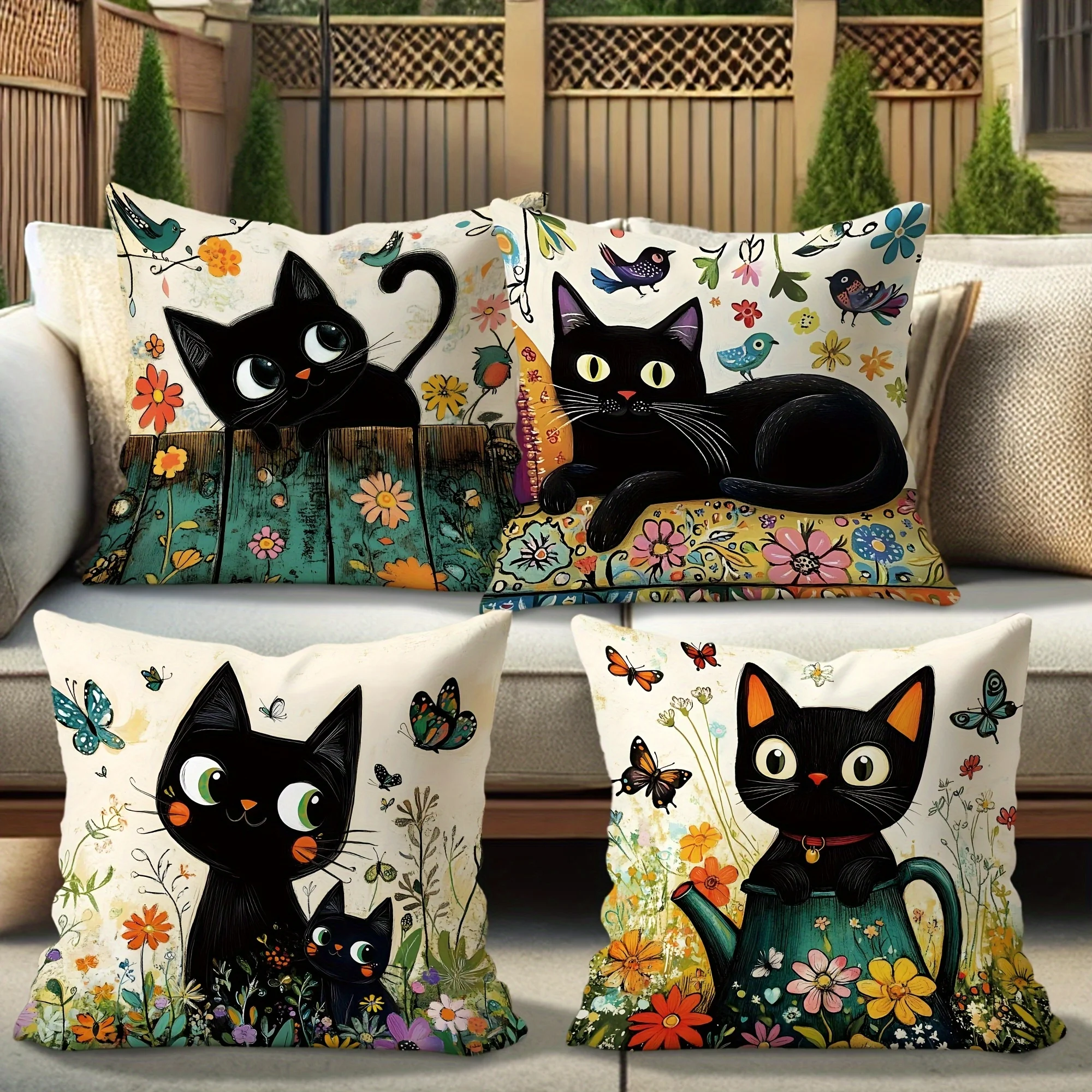 4pcs Black Cat & Floral Pillow Covers – Soft Single-Sided Print for Living Room, Sofa, Bed, Bedroom, Car & Office