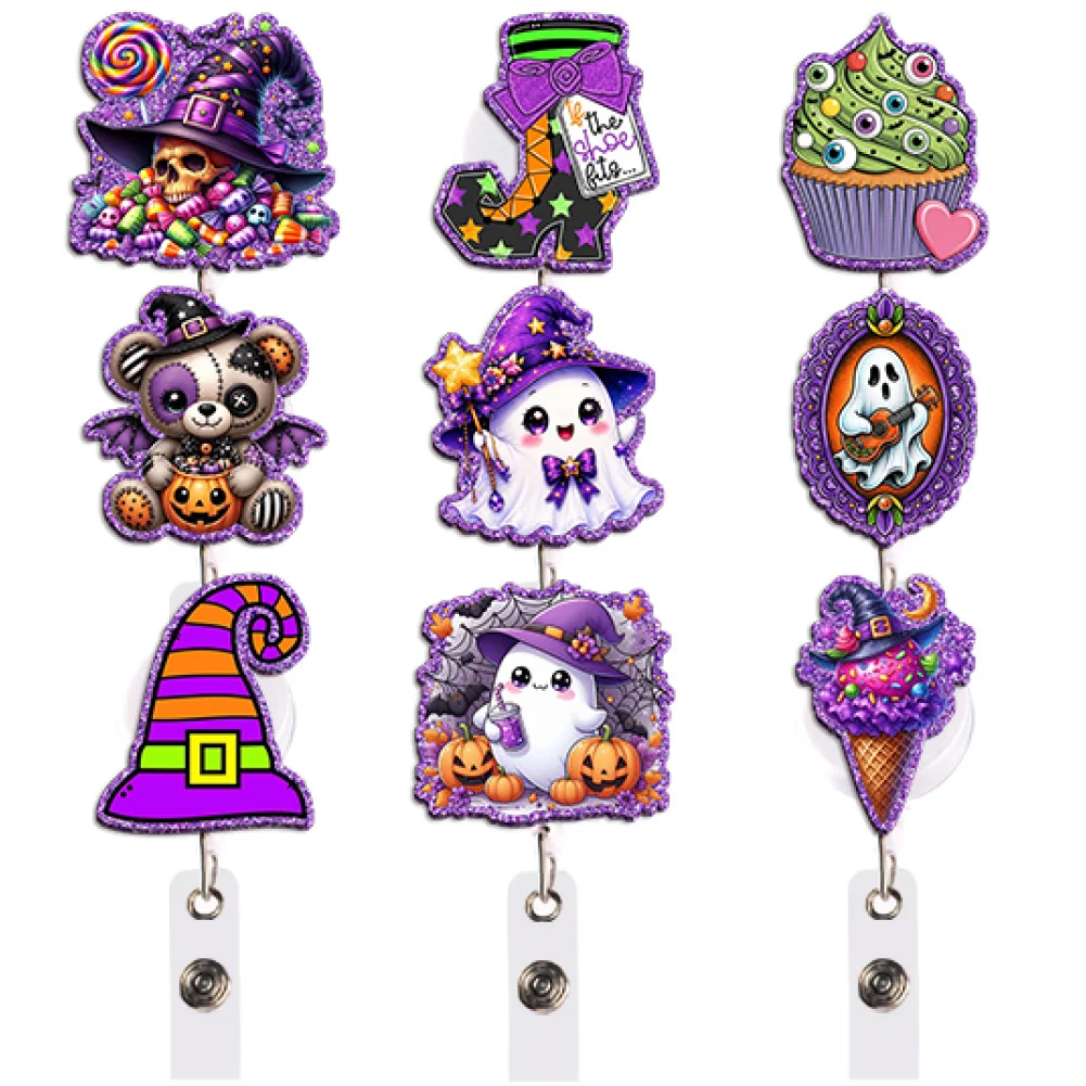 Cute Halloween Badge Reel Retractable ID Holder Ghost Bear Witch Hat Candy Wavy Edge Gift for Student School Office Commute