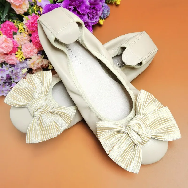 

Bow Knot Egg Roll Pregnant Women Driving Work Shoes Loafers Genuine Leather Women's Shoes Soft Bottom Grandma Ballet Flats Shoes