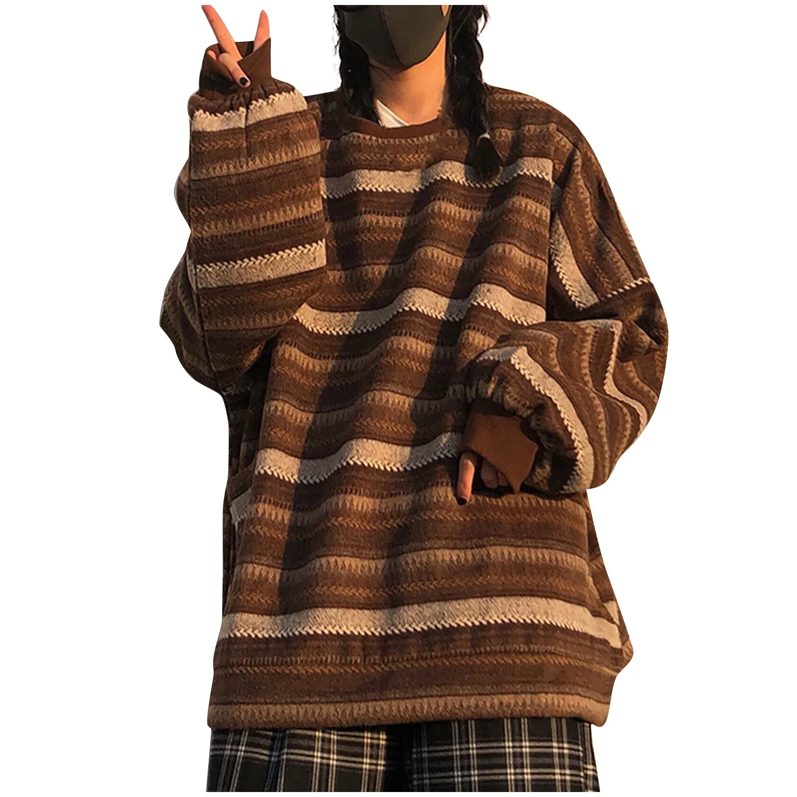 

Women Retro Striped Knitted Sweater Autumn O Neck Full Sleeve Jumpers Fairycore Vintage Y2K Aesthetics Grandpa Pullovers Tops