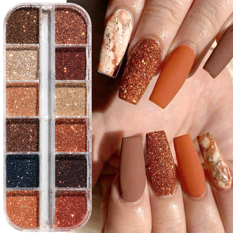 

12 Grids/Box Shiny Coffee Brown Nail Glitter Fine Sugar Powder Sparkly Chrome Pigment Flakes Fall Nail Designs Decor Accessories