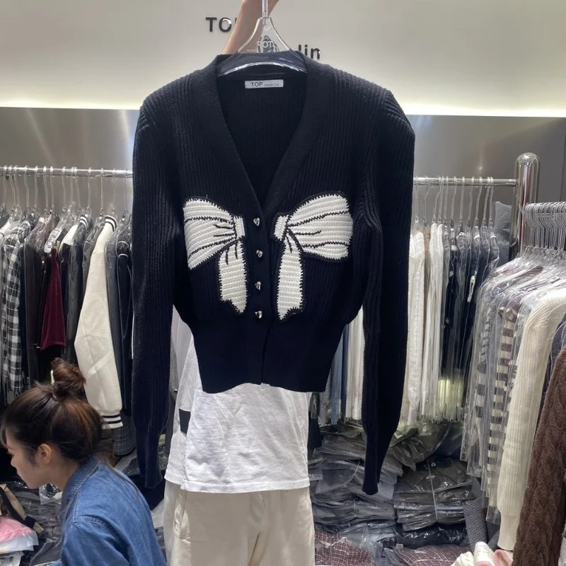 

Autumn Winter New Sle Knot Unique Design Knitted Sweater Small Fraance Sle Embroidery Versatile Open Cardigan