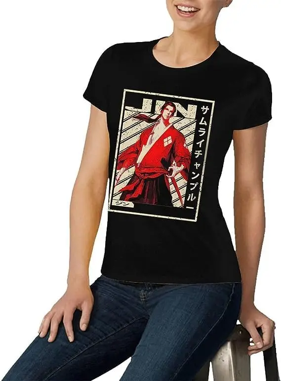 Samurai Anime Champloo Shirt Women's Fashion Short Sleeve Cotton T Shirts Quick Dry Pattern Custom Tee Tops Black