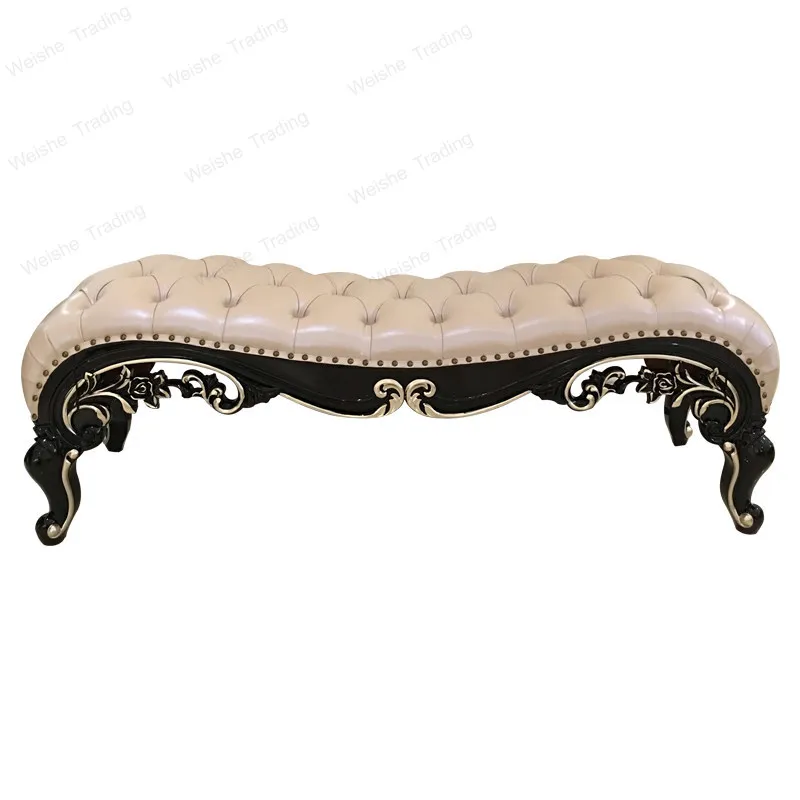 

European leather bedside stool solid wood carving flower sofa stool bed bedroom villa furniture new furniture simple stool