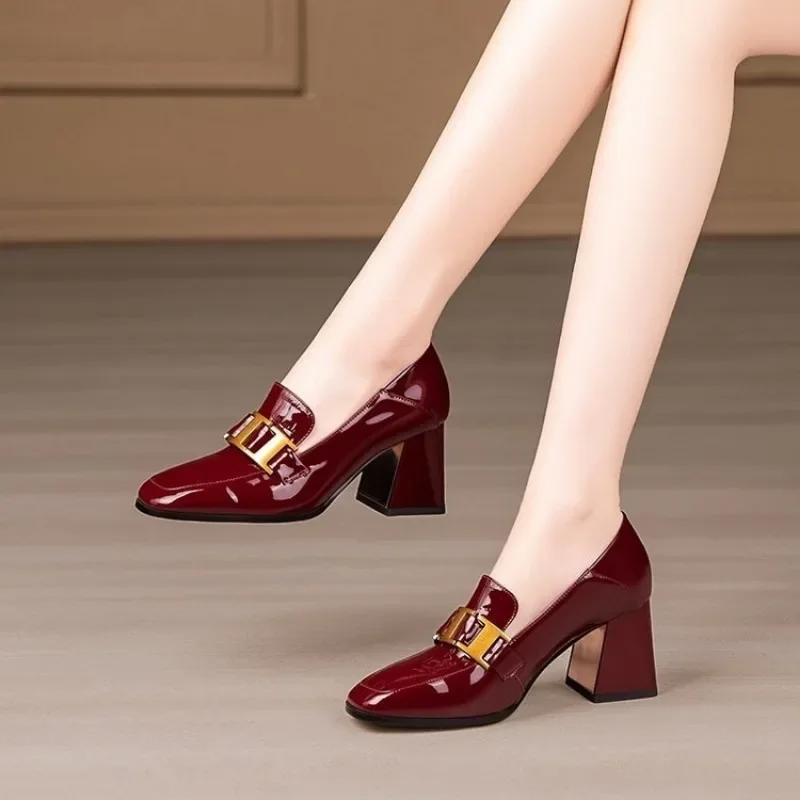 Women Pearl Pumps Luxury Black Patent Leather High Heels Fashion Square Toe Block Heel Thin Shoes Office Lady Slip-on Work Shoes