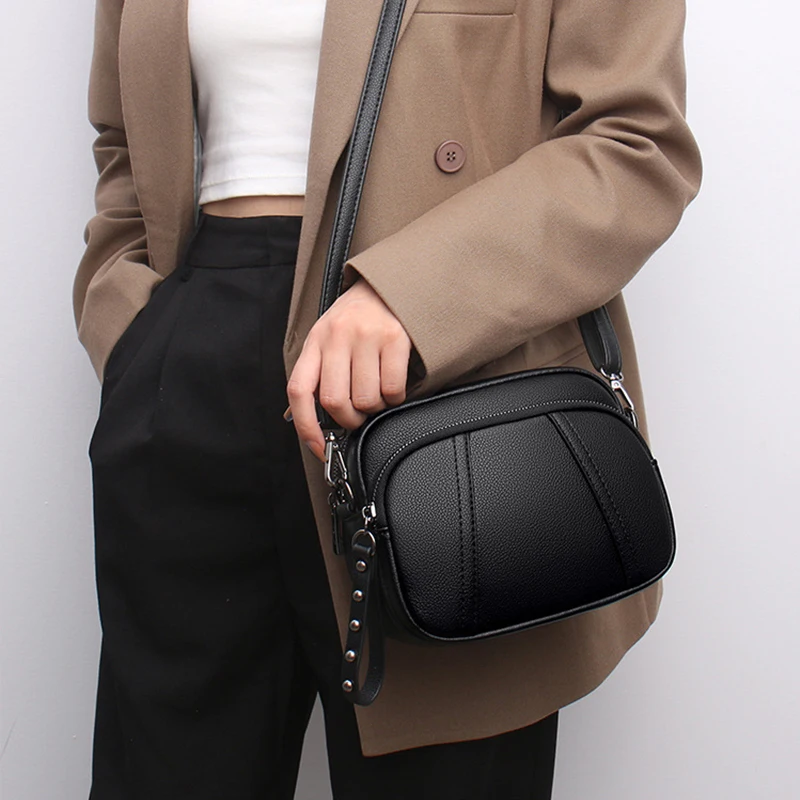 Einfarbige modische Niet Reiß verschluss Damen Handy tasche einfache weiche Leder Schulter Cross body kleine quadratische Tasche Handtasche – Detail 5