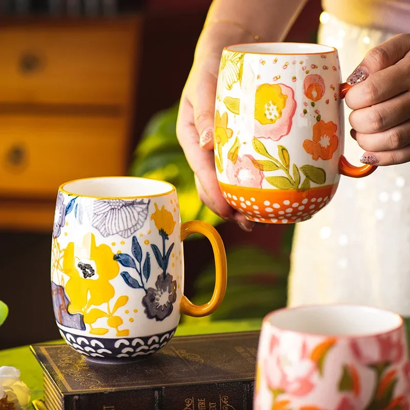 Large Floral Ceramic Mug, Big Capacity Coffee Cup for Office Home, Couple‘s Gift Set, Breakfast Drinkware, Practical Present