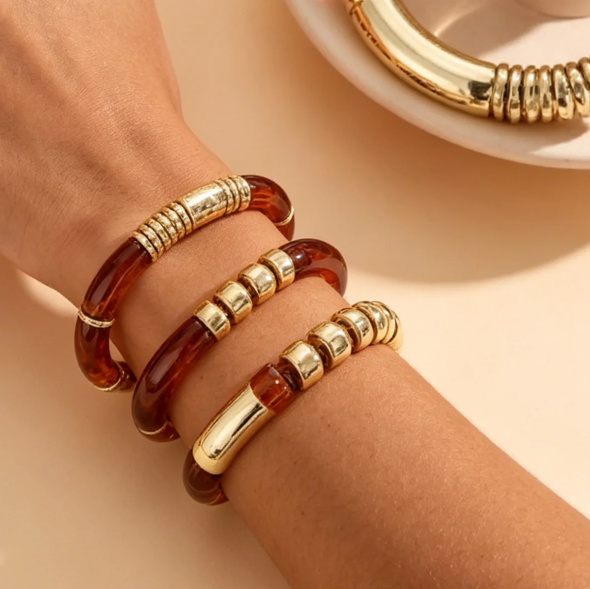 Women's Acrylic Elastic Bracelet Sets Marble Design Gold Coil Accents Stackable Trendy Chunky Cuff Multicolor Options For Summer