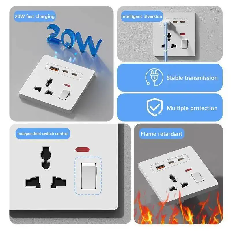 20W Fast Charging Universal Wall Socket With USB And Dual Typec Compatible For UK AU US TH EU Standard 86mm X 86mm Made In China