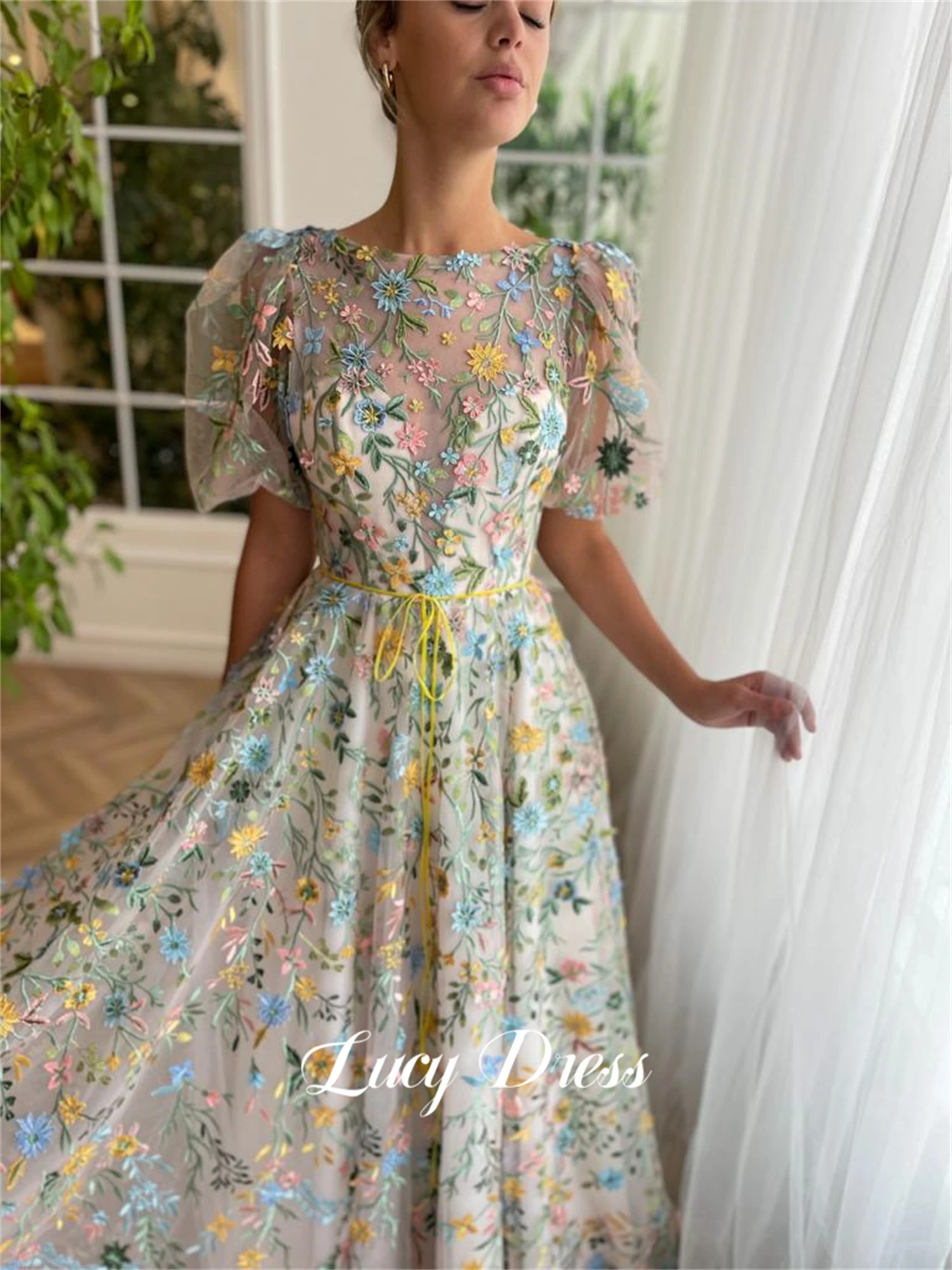 Lucy Line A Floral Embroidery Fabric Coming of Age Dress Graduation Gown Prom Dresses Women's Elegant Clothes Formal Customized