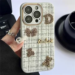Luxury metal bear flannel pattern silicone phone case for iPhone 16 15 14 13 12 11 Pro Max fine hole lens film shockproof cover