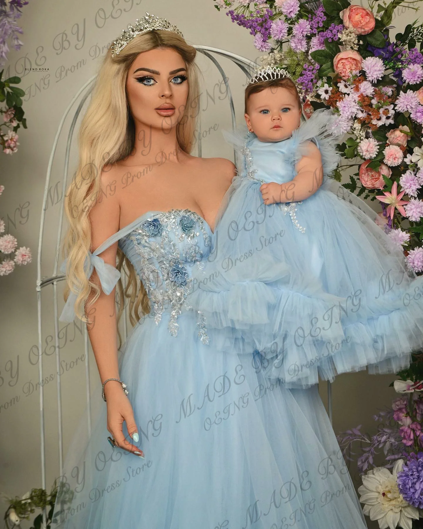 OEING Baby Blue Tulle Prom Dress Sweetheart Off The Shoulder madre e figlia abiti da festa Princess Photo Shoot abiti da evento