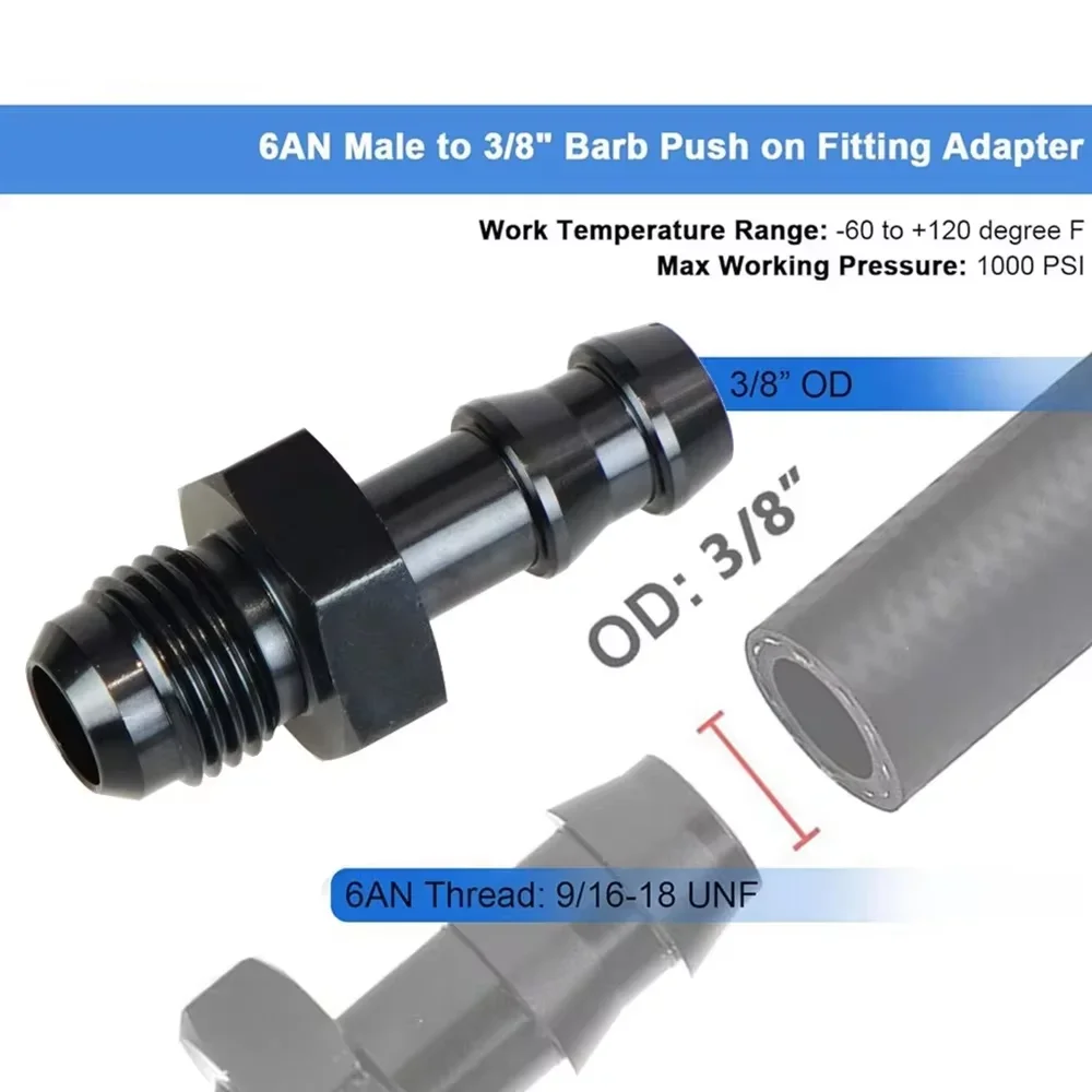 6AN Flare auf 3/8" oder auf 5/16" Schlauchtülle Adapteranschlüsse, schwarzer Aluminium-Kraftstoffleitungs-Stecker 8AN auf 1/2" Steckanschluss