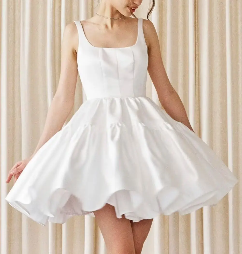 

Атласные платья для встречи выпускников на тонких бретельках с квадратным вырезом, бальное платье трапециевидной формы для подростков, простые платья для выпускного вечера, короткое свадебное платье, короткое