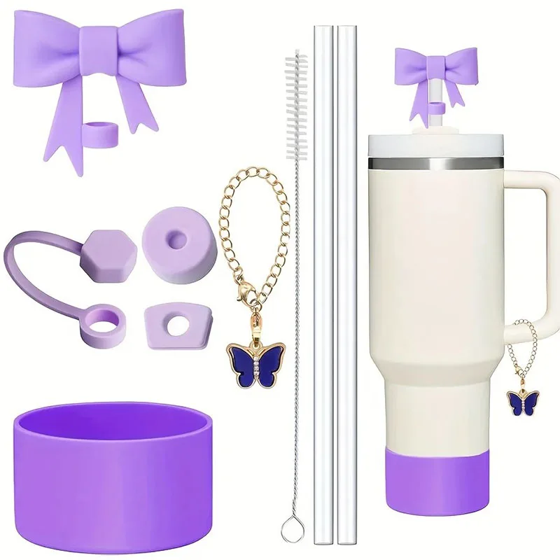 9pcs Accessories For Stanley Tumbler Cup Spill Proof Stopper 10mm Straw Cover Cap Silicone Boot Charm Chain Straw Brush - view 4