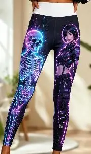 Women Mid‑Rise Fleece Lined Leggings, Cyberpunk Neon Skeleton Cyber Girl Print Slim Stretch Casual Party Pants