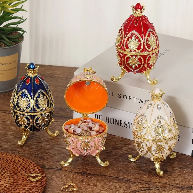 

Egg Shape Jewelry Storage Box Inlaid Gem Organizer Alloy Tall Feet Storage Jar Earrings Ring Holder Unique Dresser Decoration