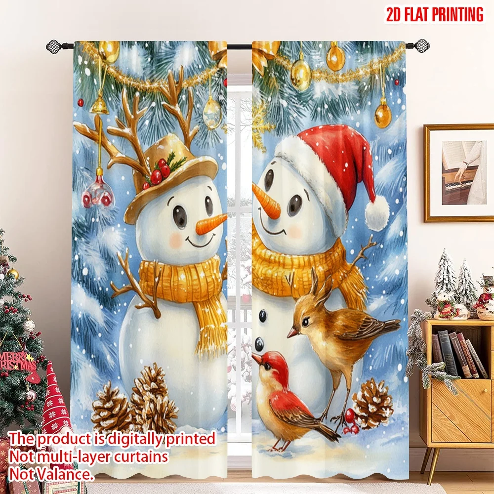 2pcs 2D flat printing Merry Christmas Popular Curtain Cute Snowman Deer Bird 100% Polyester Without Electricity Festive Holiday