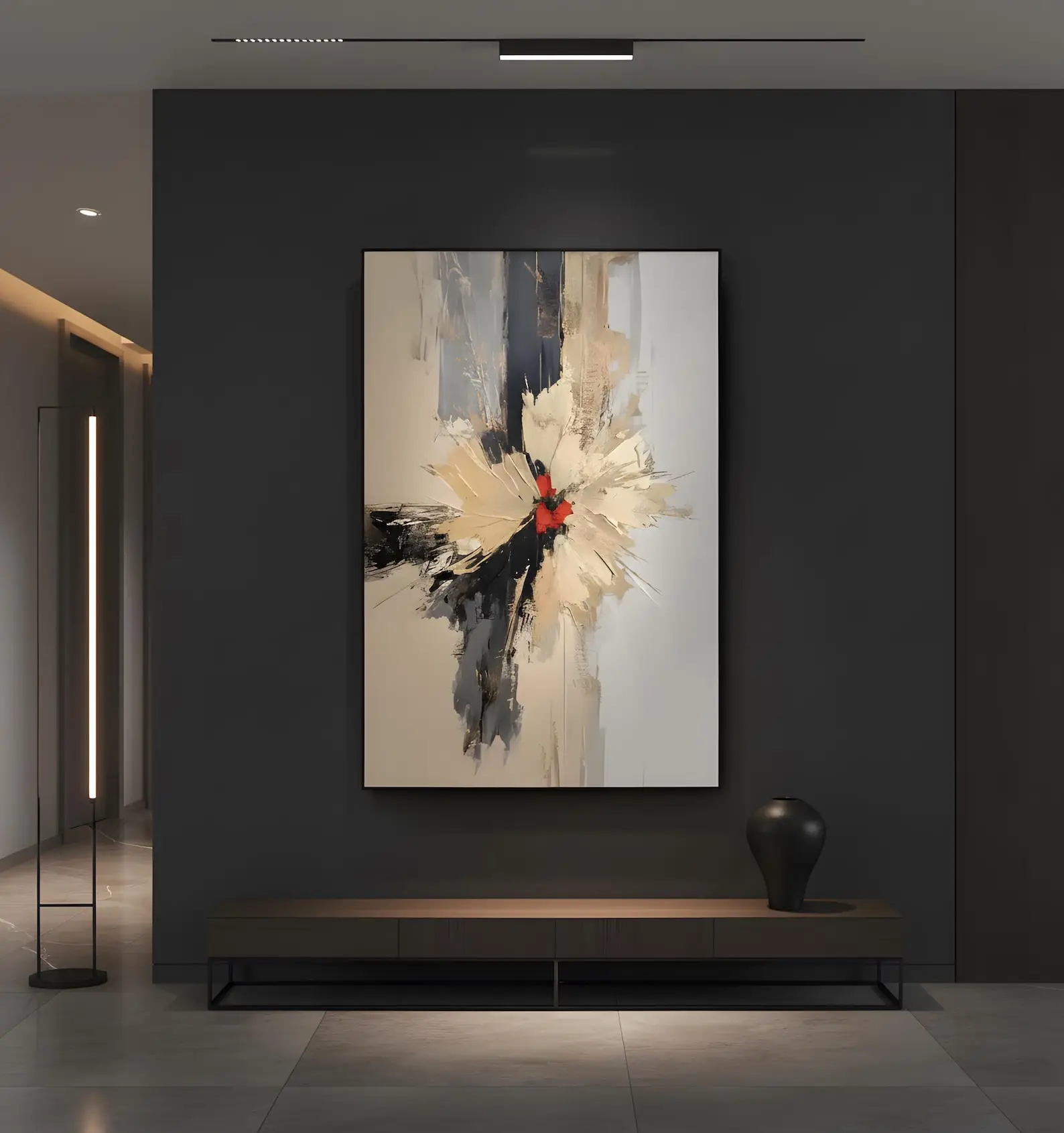 Mhemyo Crimson Pulse Abstract Hand Painted Oil Painting Bold Neutral Modern Wall Art with Red Accent For Living Room Home Decor