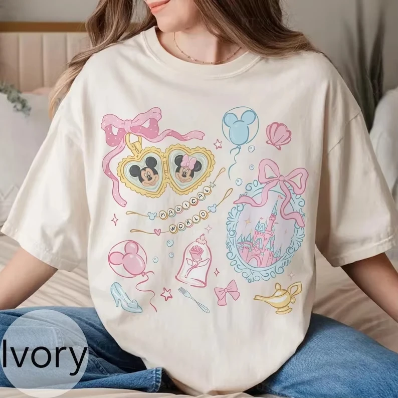 2026 new Watercolor bow castle magic kingdom girl T-shirt, suitable for both men and women, for family and children