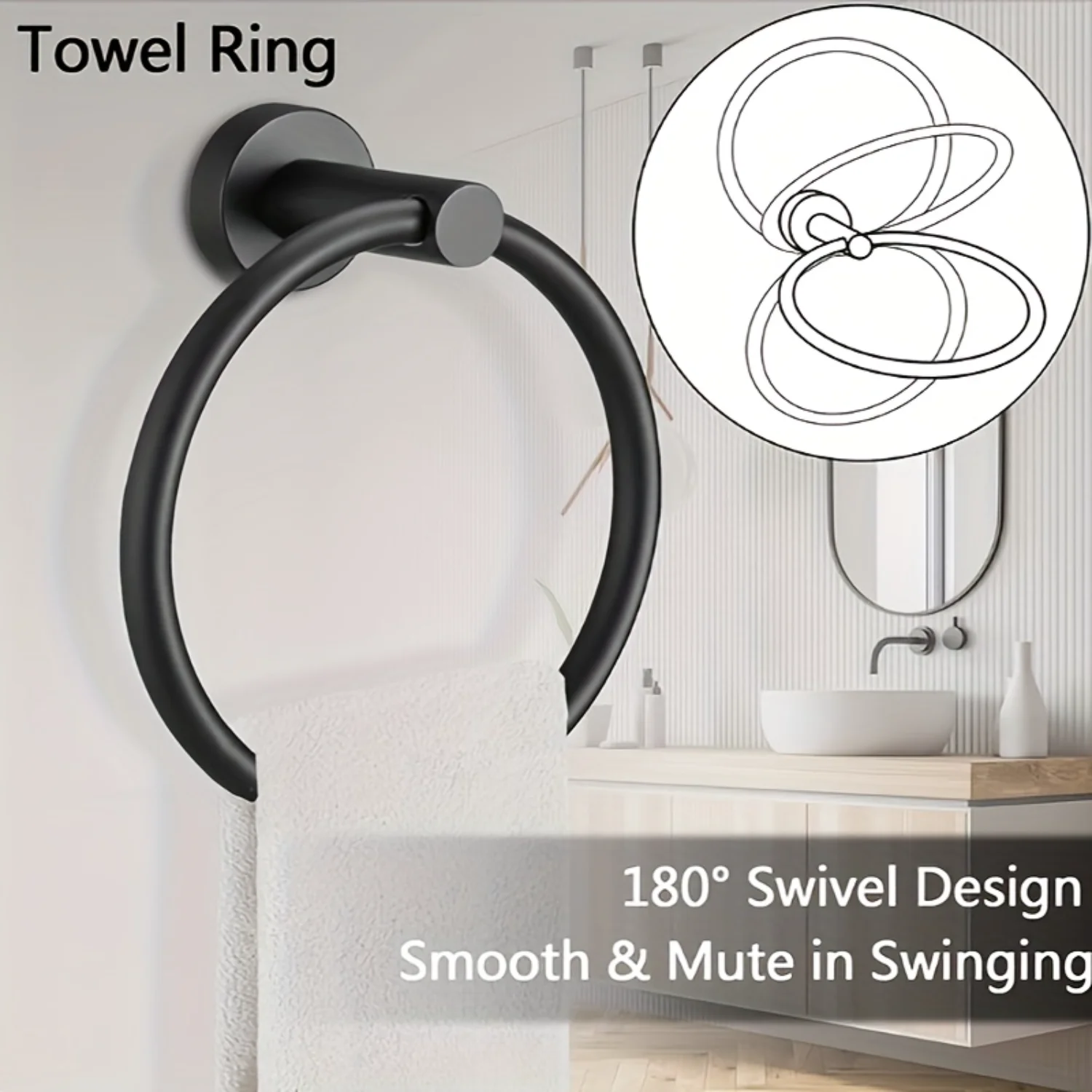 Matte Black SS Towel Ring & Toilet Paper Holder - 180° Swivel, Space-Saving, Durable, Rust-Resistant Bathroom Hardware - Easy I